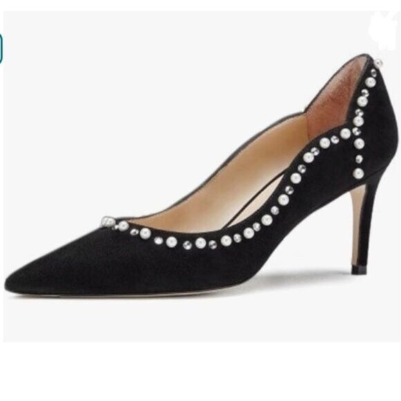 Pazzion Black Pearls Beaded Pointy Toe Kitten Heel Slip On Daily Walking Pump - Picture 1 of 8